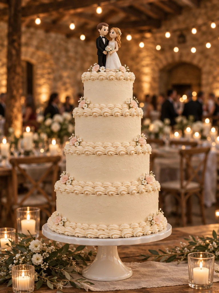 Tarta de boda vintage blanca de cinco pisos con figuras de novios