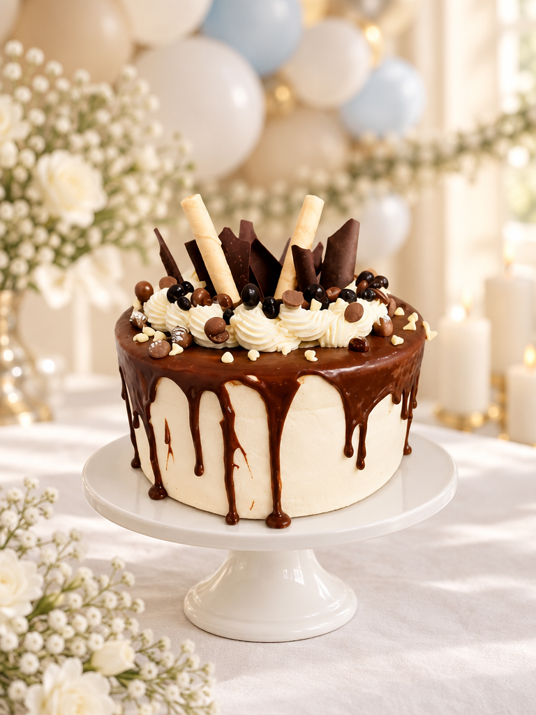 Drip cake de bautizo con chocolate y decoración artesanal