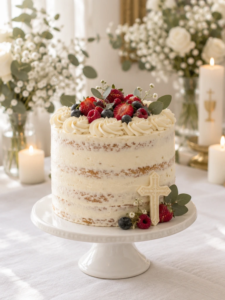 Tarta de comunión artesanal de un piso en blanco marfil con flores naturales