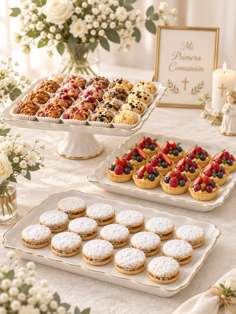 Bandejas de dulces artesanos para el catering de una comunión en Barcelona
