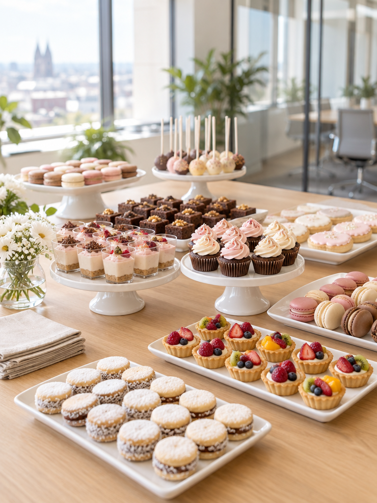 Mesa de catering dulce para empresas en una oficina de Barcelona
