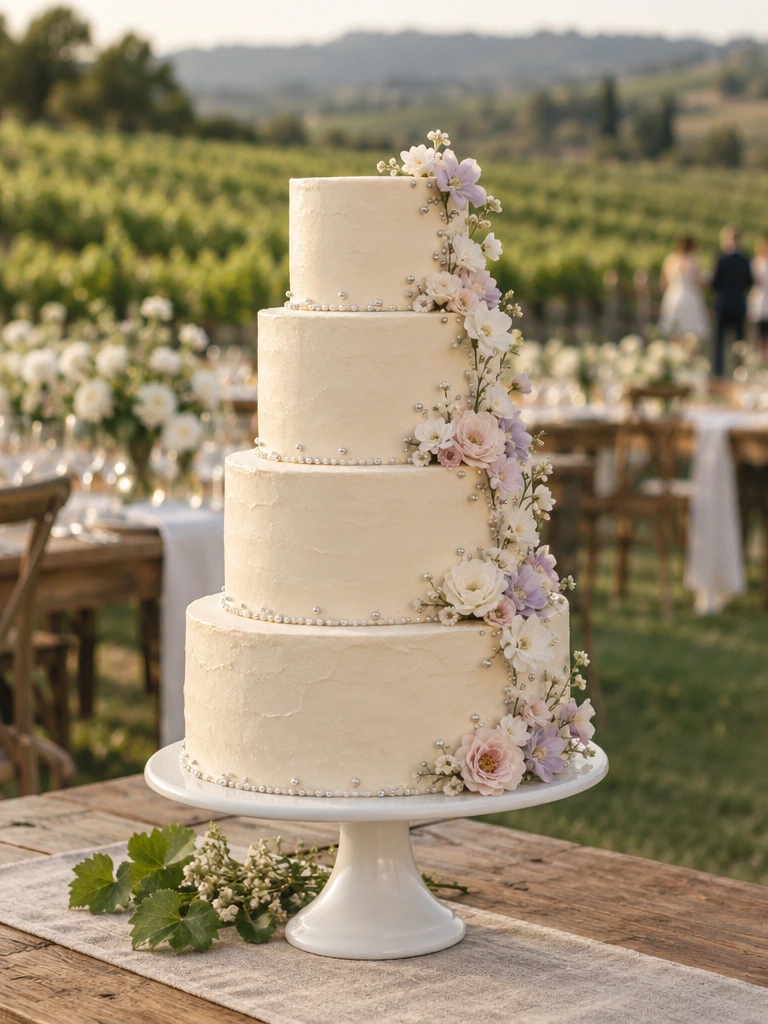 Tarta de boda de crema con flores comestibles y perlas · Colibrí Bakery