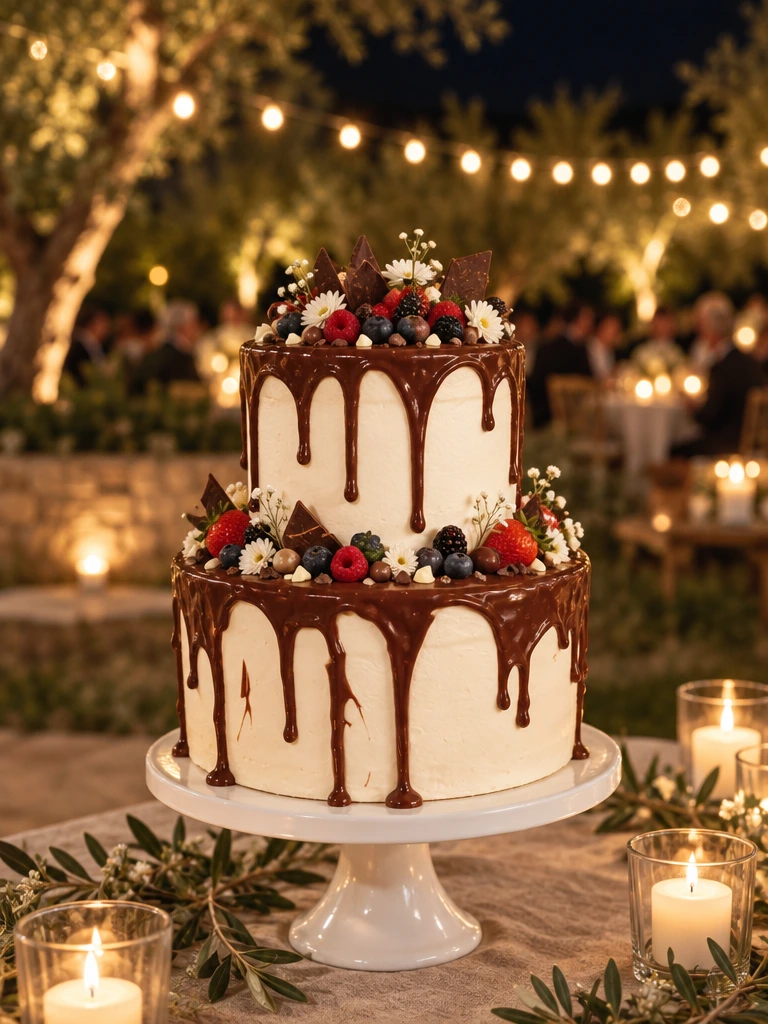 Tarta de boda drip cake con frutos rojos y flores naturales · Colibrí Bakery