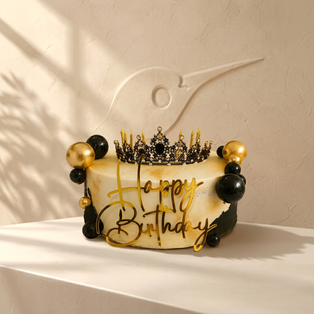Tarta Birthday Princess blanca, dorada y negra con corona