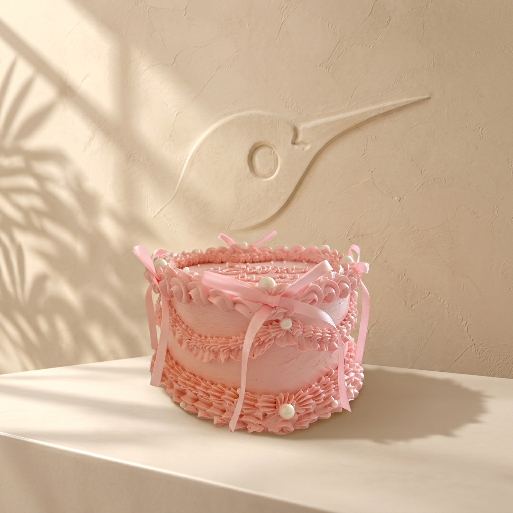 Tarta vintage rosa con bordes de crema y lazos decorativos