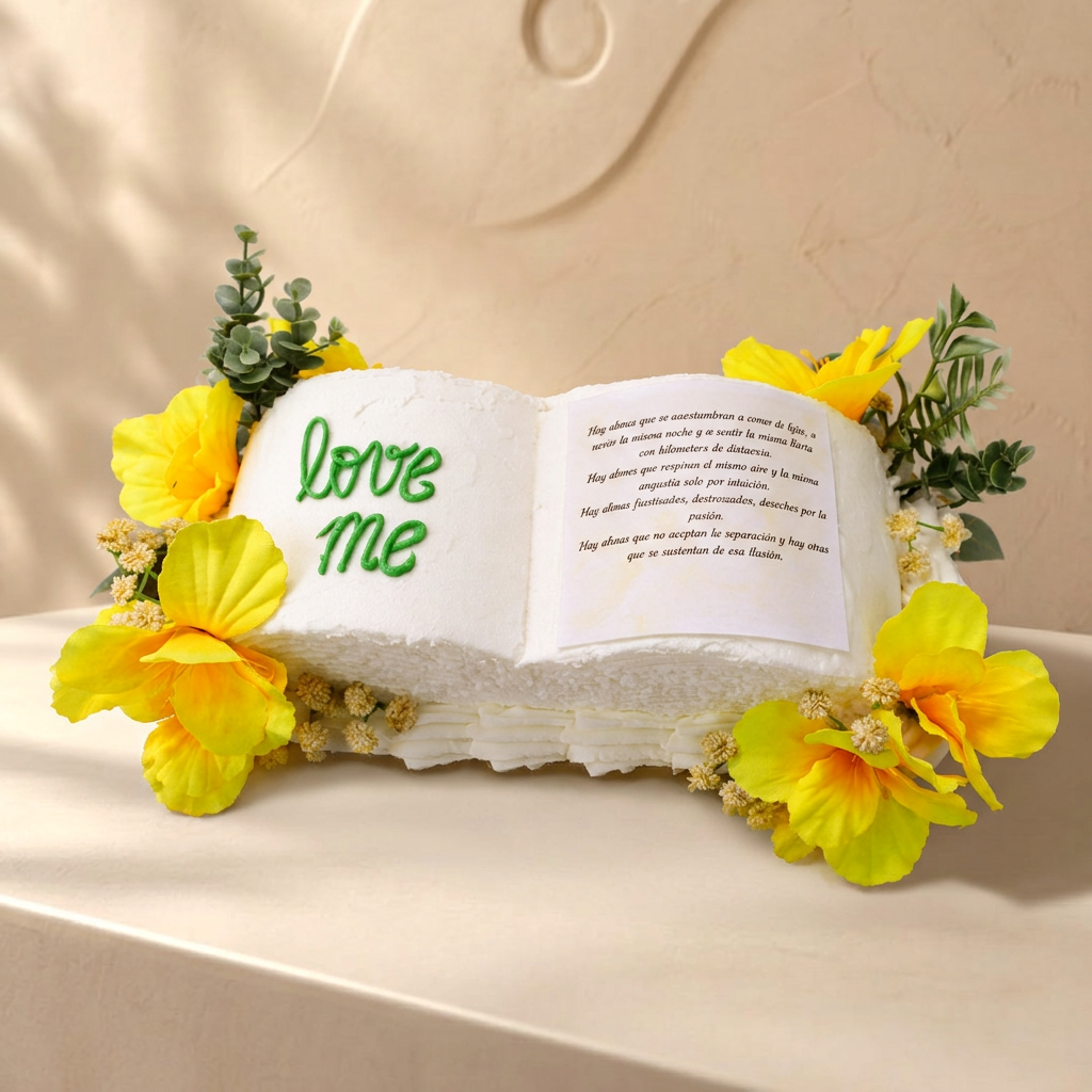 Tarta con forma de libro abierto decorada con flores